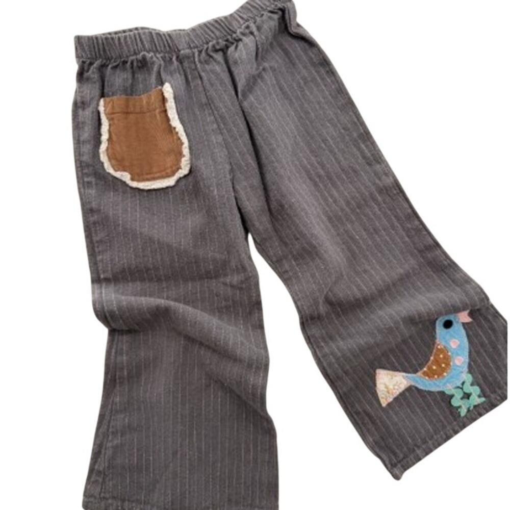 Misha Lulu Gray Pinstripe Vintage Bird Applique Pants 6